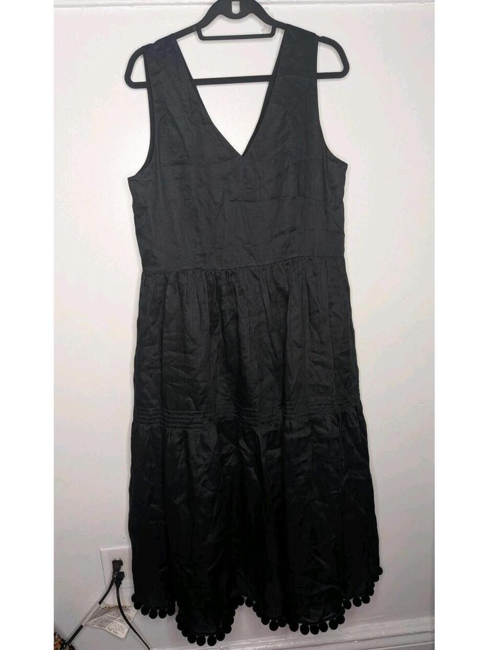 Lafayette 148 New York Dress Womens 12 Black V Neck Pom Pom Hem Midi Sundress - Picture 2 of 10